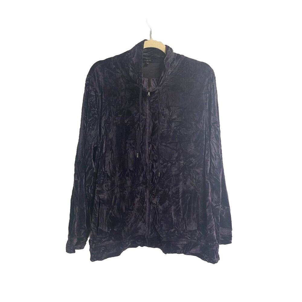 Talbots Womens Full Zip Velvet Velour Jacket Mock Neck Stretch Purple Size 1X